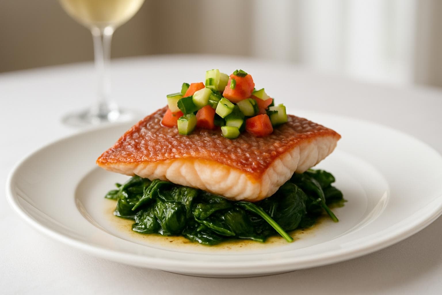 Restaurant plate of pan-seared red snapper over wilted spinach topped with cucumber salsa